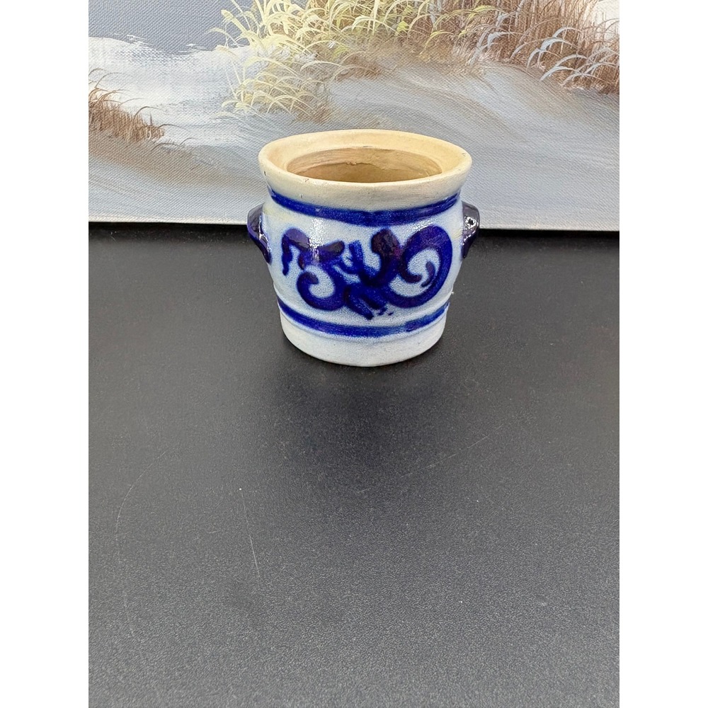 Vintage 1978 Signed Salt Glazed Stoneware Mini Crock Cobalt Blue Scroll 3in